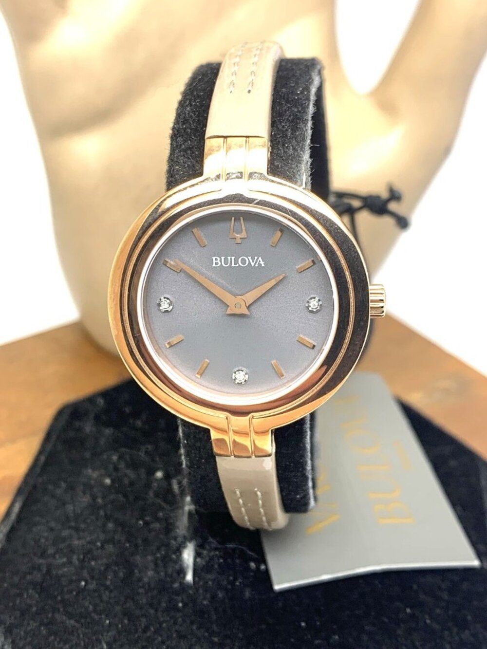 Bulova Womens Watch 97P143 Quartz Diamond Gray Dial Rose Gold Steel Leather Band
